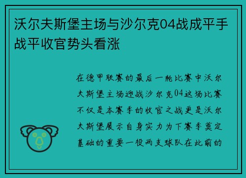 沃尔夫斯堡主场与沙尔克04战成平手战平收官势头看涨