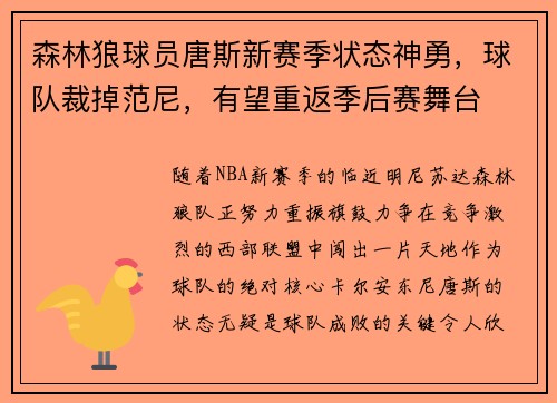 森林狼球员唐斯新赛季状态神勇，球队裁掉范尼，有望重返季后赛舞台
